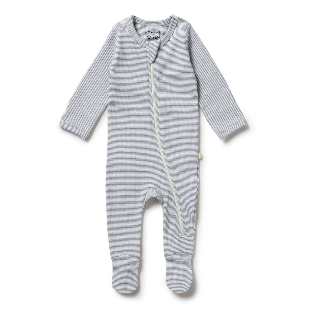 Wilson & Frenchy Organic Stripe Rib Zipsuit with Feet Rain Drop
