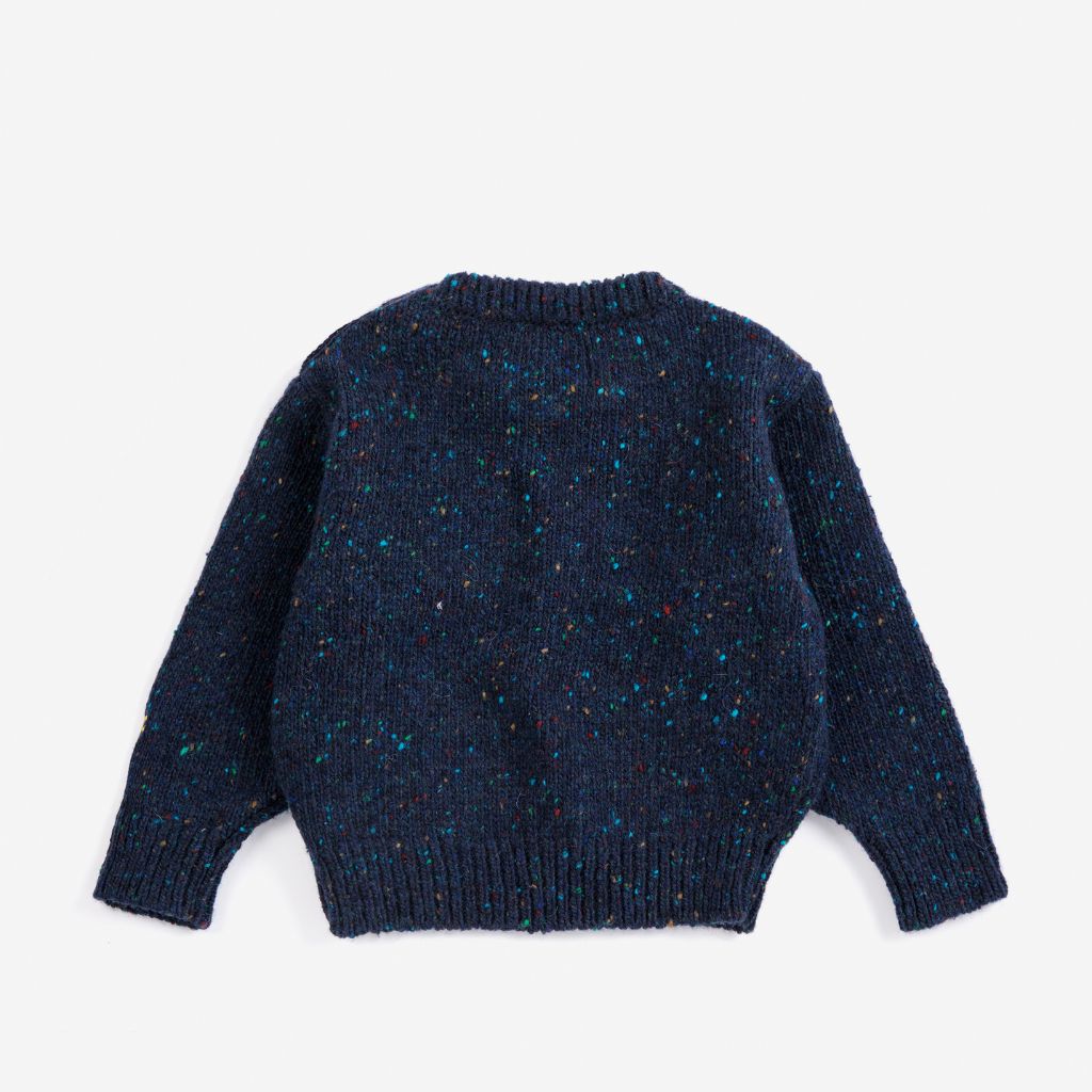 Bobo Choses Baby Pixel Abduction jumper in navy wool blend knit, pixel alien motif, loose fit