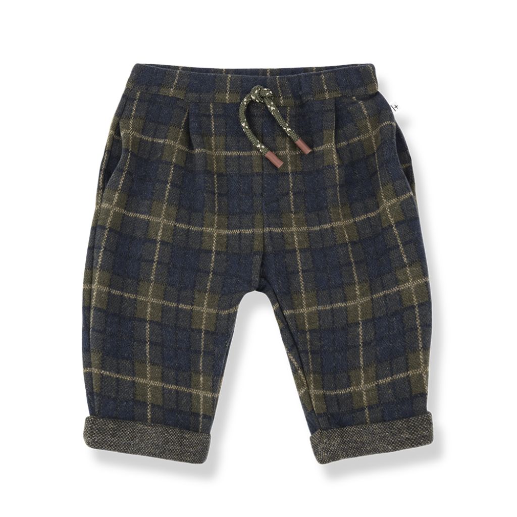 1 + in the Family CHURCHILL navy check baby pants in fleece with a drawstring waist and cuffs
