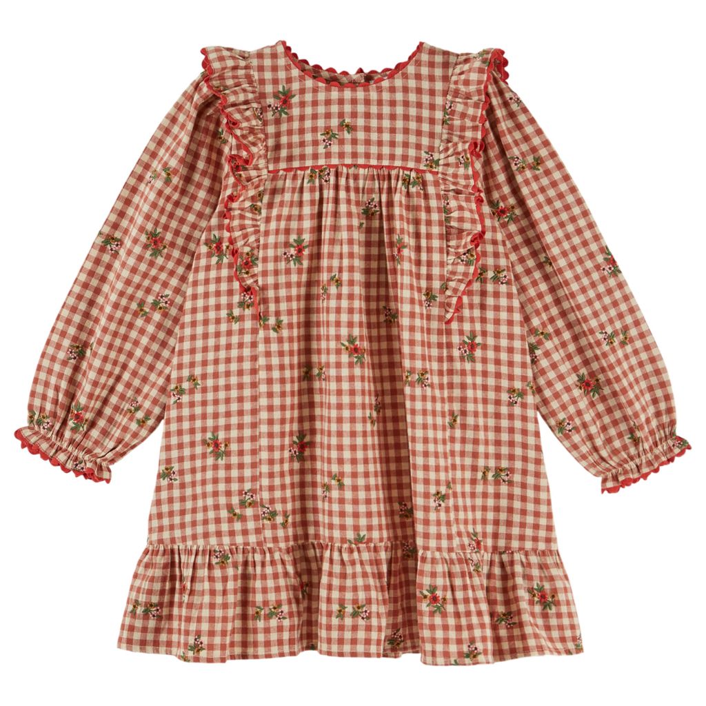 Emile & Ida Gingham Ruffle Embroidery Dress Gingham Embroidery