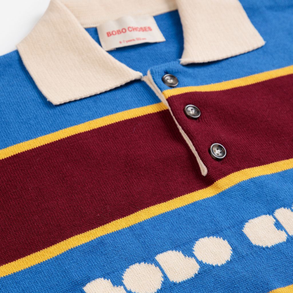 Bobo Choses Bolder polo jumper in multicolour organic cotton knit, ribbed polo collar, loose fit