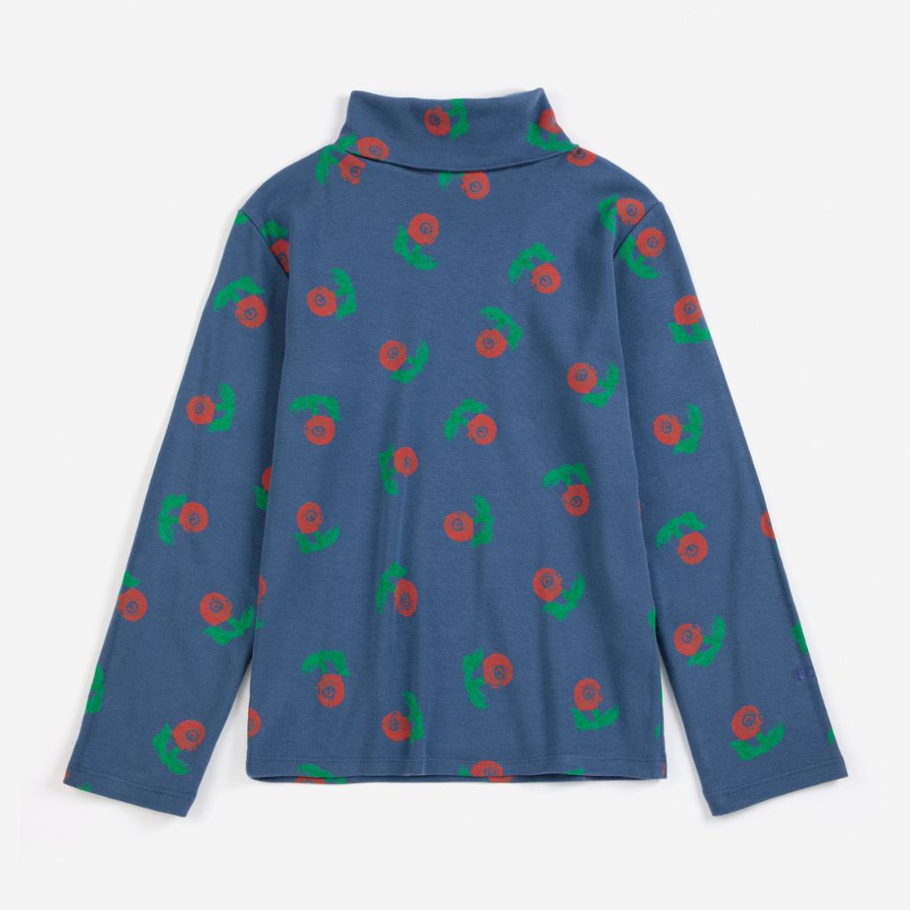 Bobo Choses Stamp Bloom turtleneck t-shirt in navy stretch organic cotton, turtle neck, floral print