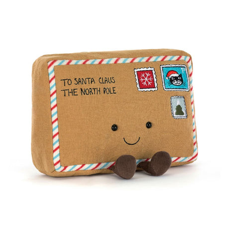 Jellycat Plush letter-shaped toy with a smiling face, stamps, and text on a white background