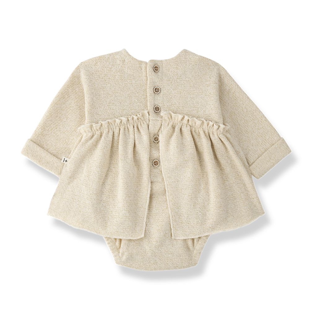 1 + in the Family CONQUES ivory newborn dress with attached bodysuit in lurex fleece, bow at waist