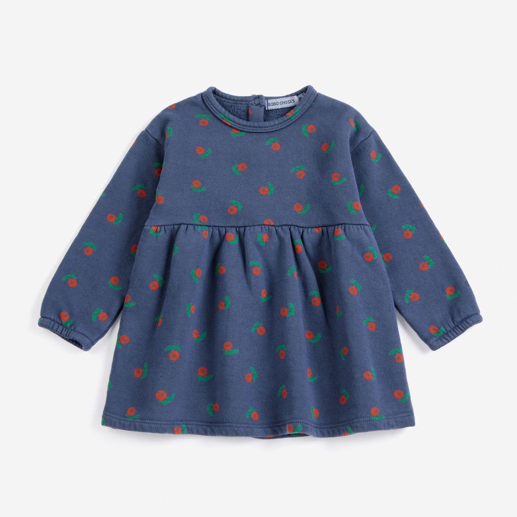 Bobo Choses Baby Stamp Bloom fleece dress in navy brushed cotton fleece, floral print, A-line shape