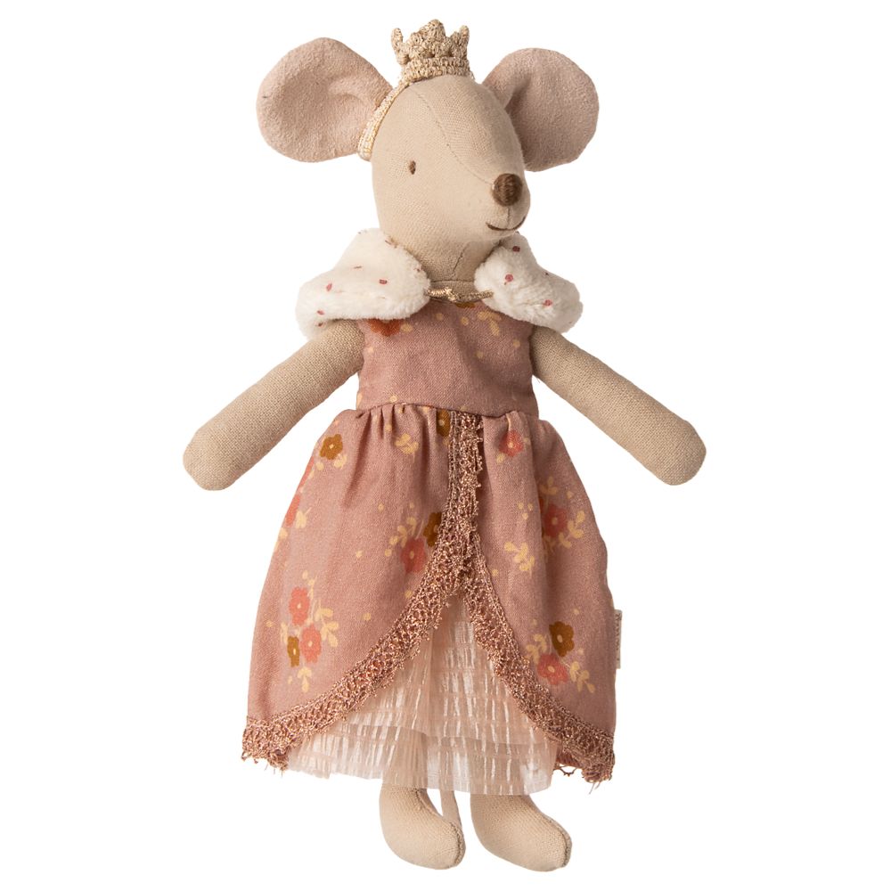 Stuffed mouse toy with a pink dress and crown on a white background