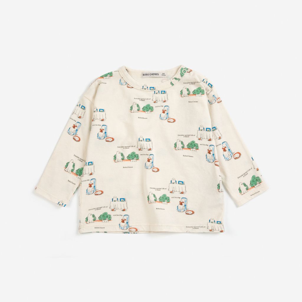 Bobo Choses Baby Everyday Ghosts t-shirt in cream organic cotton, all over ghost print