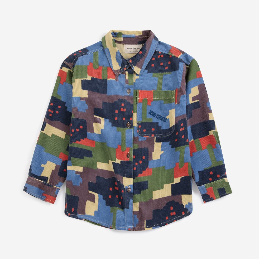 Bobo Choses Paint Forest corduroy shirt in multicolour organic cotton, all over forest print, button front