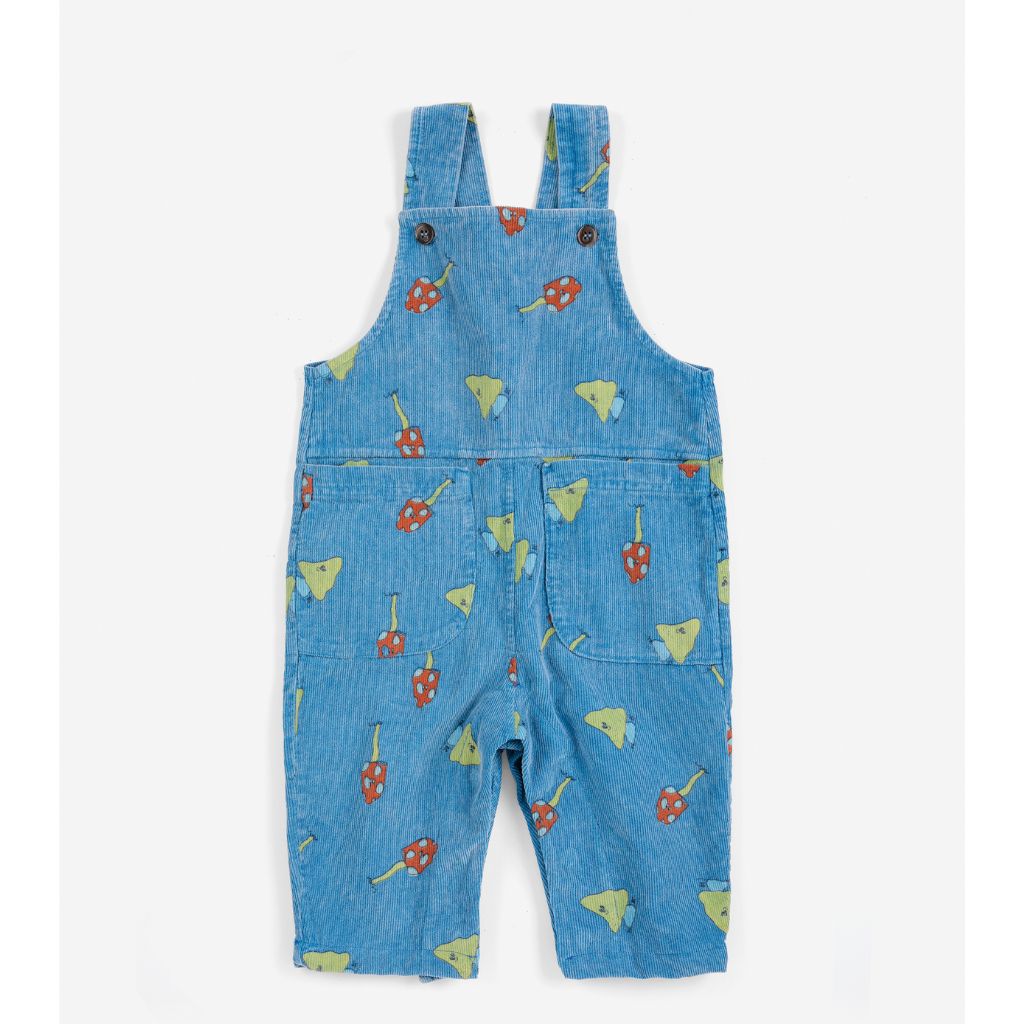 Bobo Choses Baby Mush Monster Duo corduroy overall in blue organic cotton cord, monster print, snaps