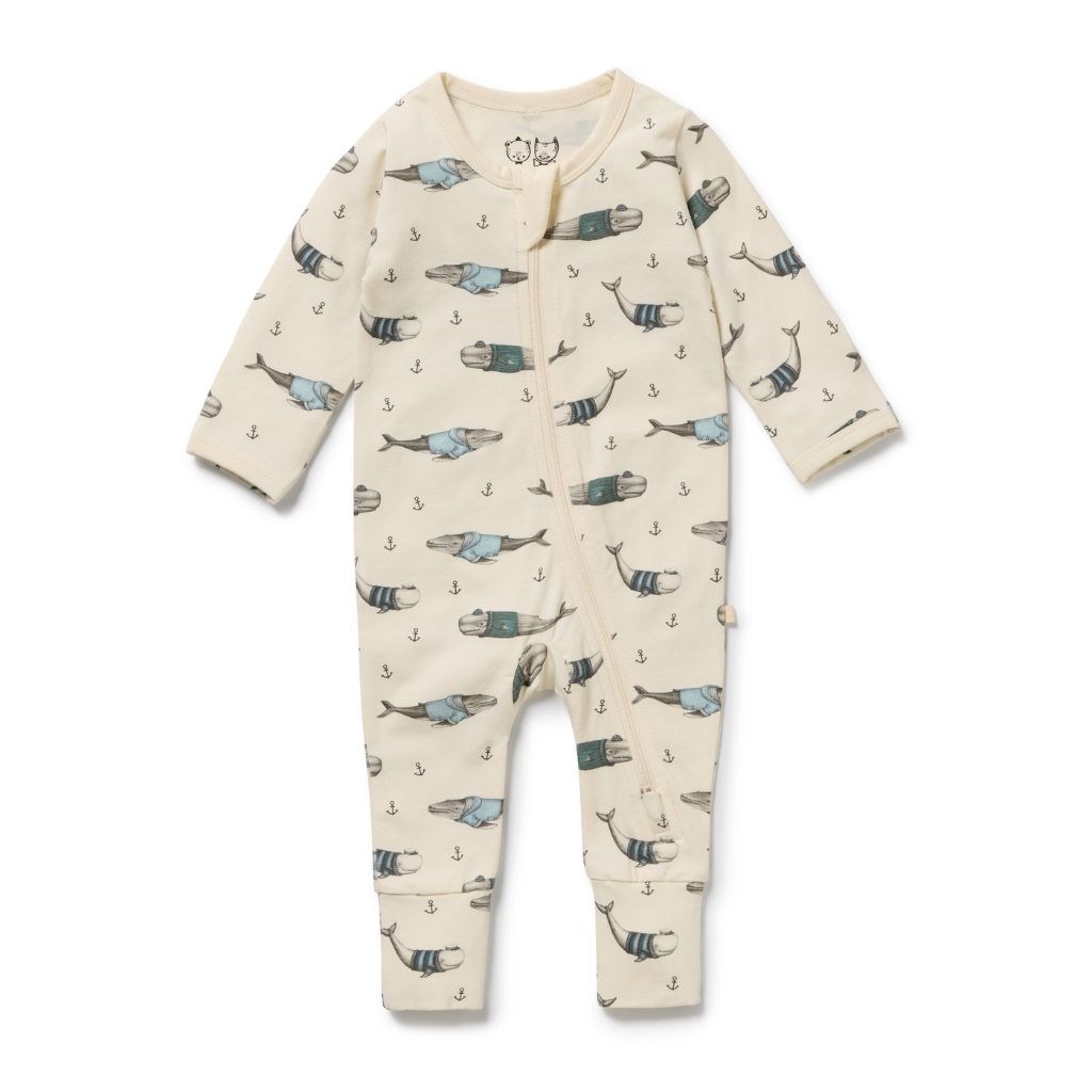 Wilson & Frenchy Woolly Whales Organic Zipsuit with Feet