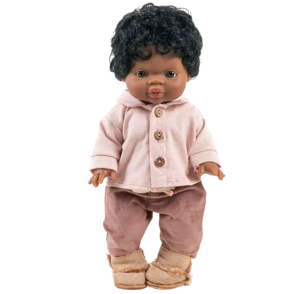 Minikane Clothing for 34cm Gordis Dolls-Samy set: top in petal-coloured jersey and pants in chestnut milleraies