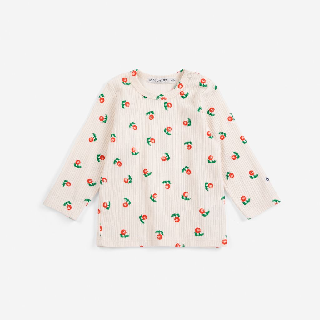Bobo Choses Baby Stamp Bloom tee in purple stretch organic cotton, floral stamp print, loose fit