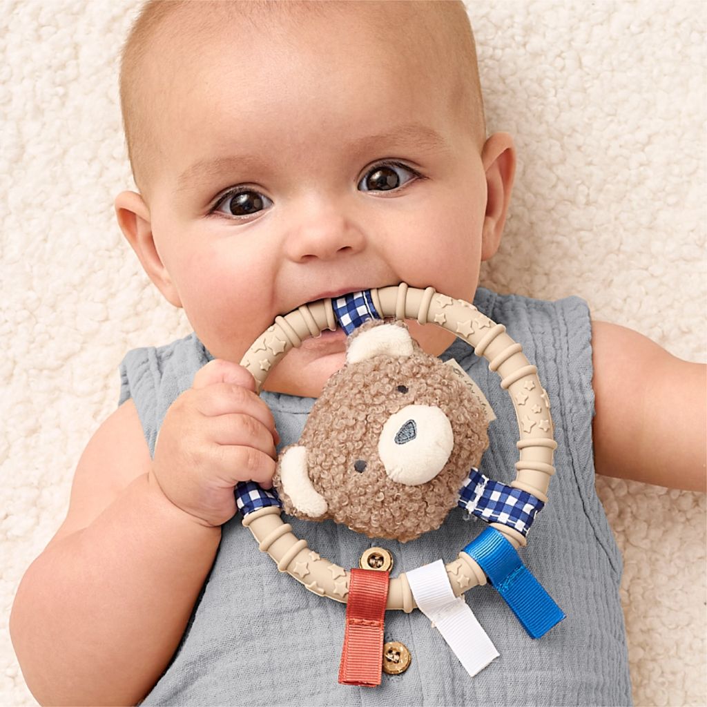 Itzy Ring Pal - Teething Ring with Plush Character Taupe Bear
