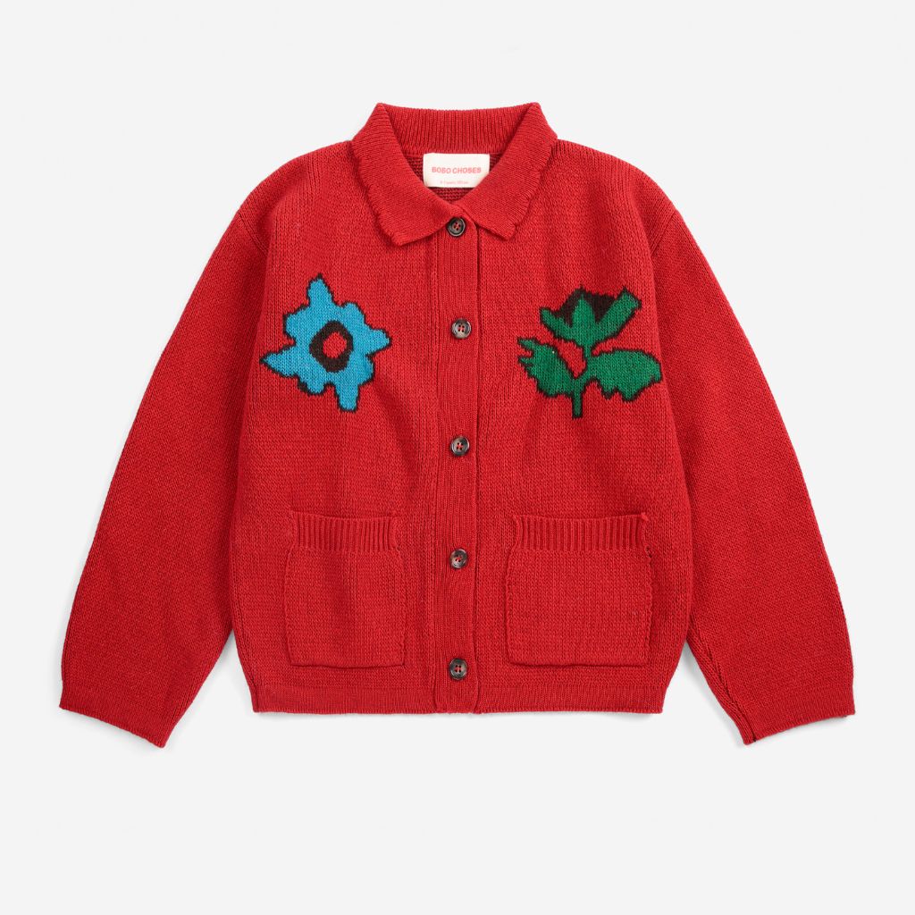 Bobo Choses Blossom cardigan in red recycled wool and cashmere knit, boxy fit, button front