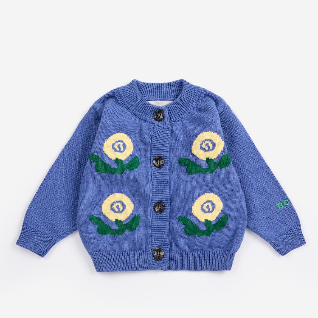 Bobo Choses Baby Stamp Bloom cardigan in midnight blue organic cotton knit, floral motif, button front