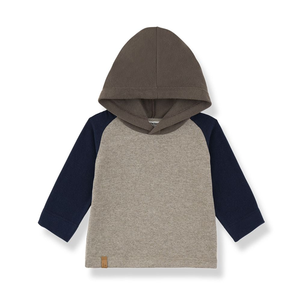 1 + in the Family ORISTANO beige baby hooded top in plain jersey with contrast raglan sleeves