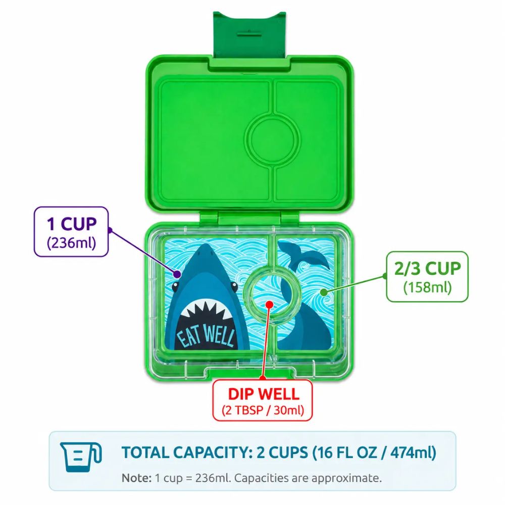 Yumbox Snack Small Size 3 Compartment Bento Lunch Box - Shark Jurassic Green
