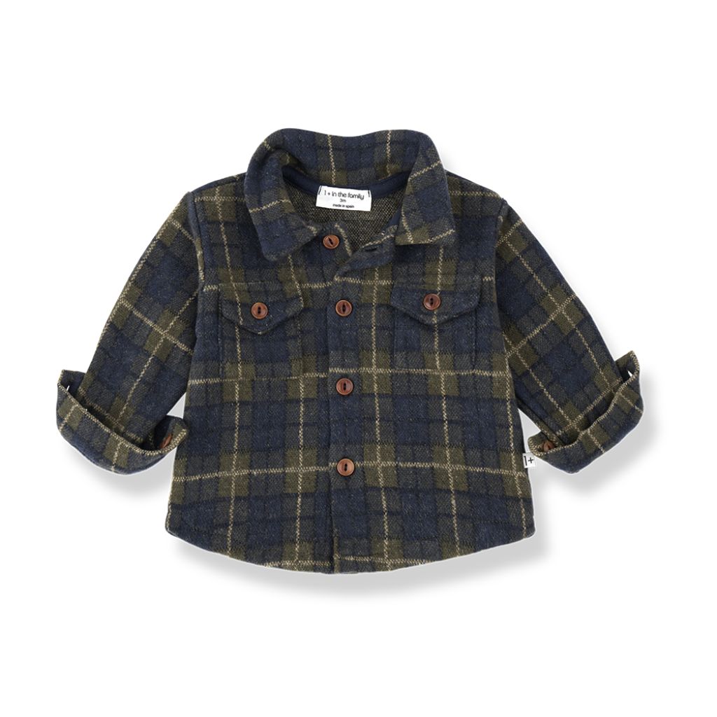 1 + in the Family ATLIN navy check baby shirt in Scottish check fleece with a chest pocket