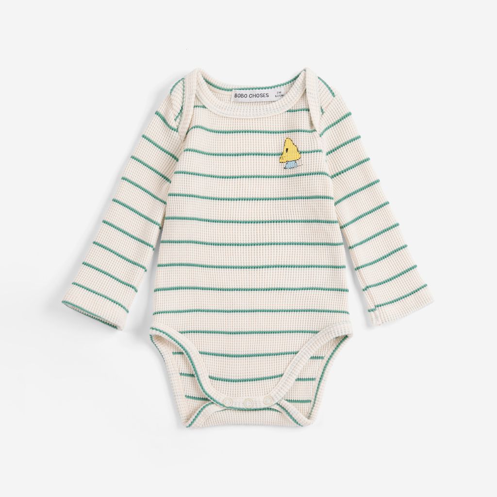 Bobo Choses Baby Mush Monster Stripes bodysuit in cream cotton, striped monster print, snap gusset