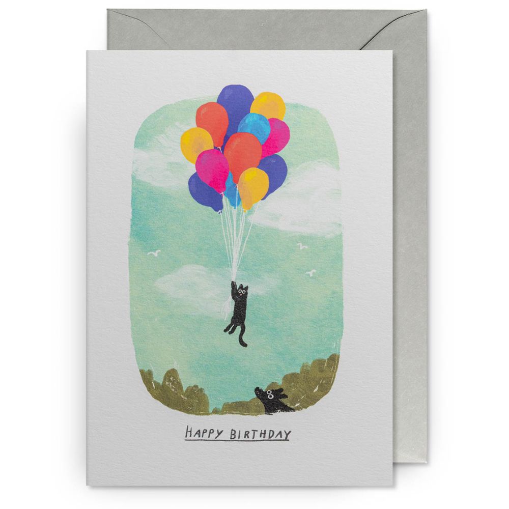 Cat Floating With Birthday Balloons Card