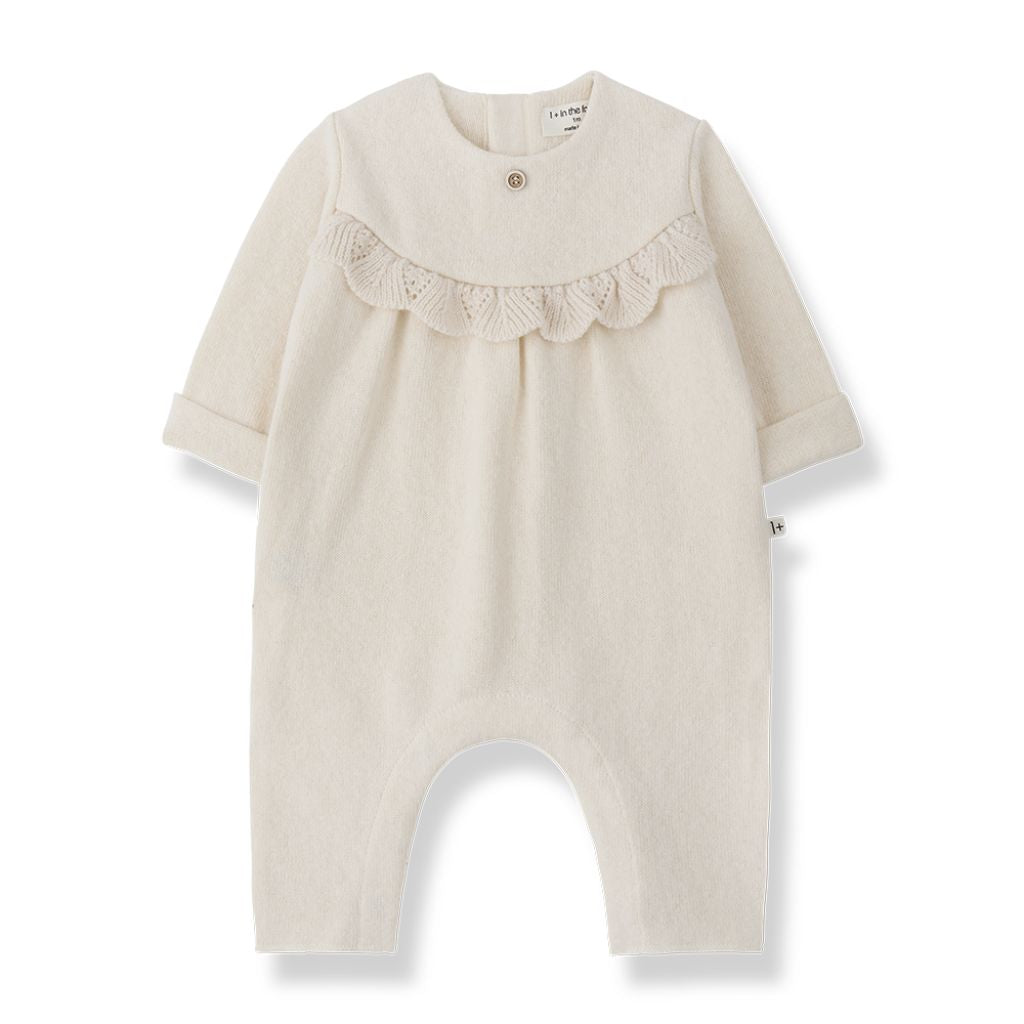 1 + in the Family MERIGNAC ivory newborn jumpsuit in soft capsule fleece with a ruffled collar