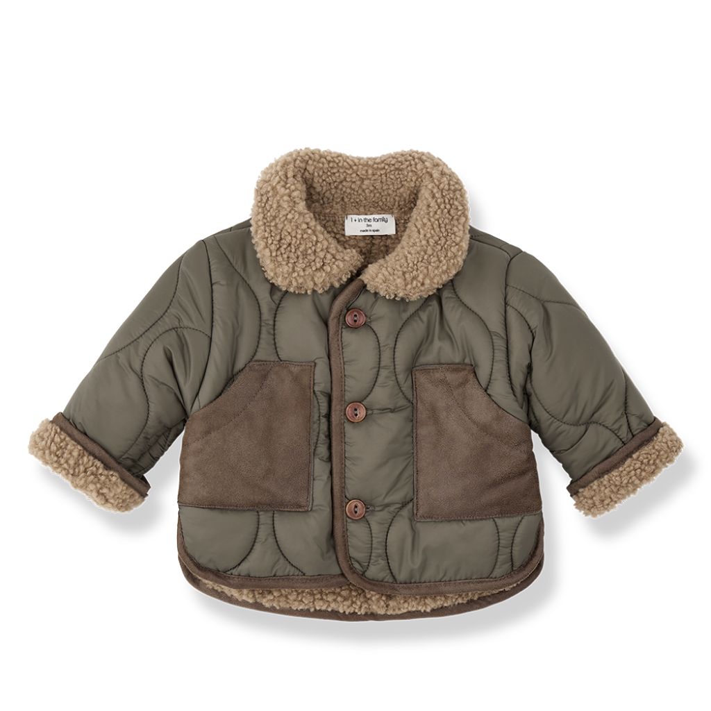 1 + in the Family EMERALD khaki baby padded jacket in microfiber with a sherpa collar