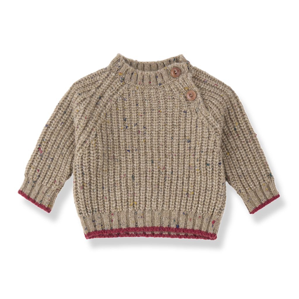 1 + in the Family MALIGNE beige baby sweater in chunky ribbed knit with burgundy trim