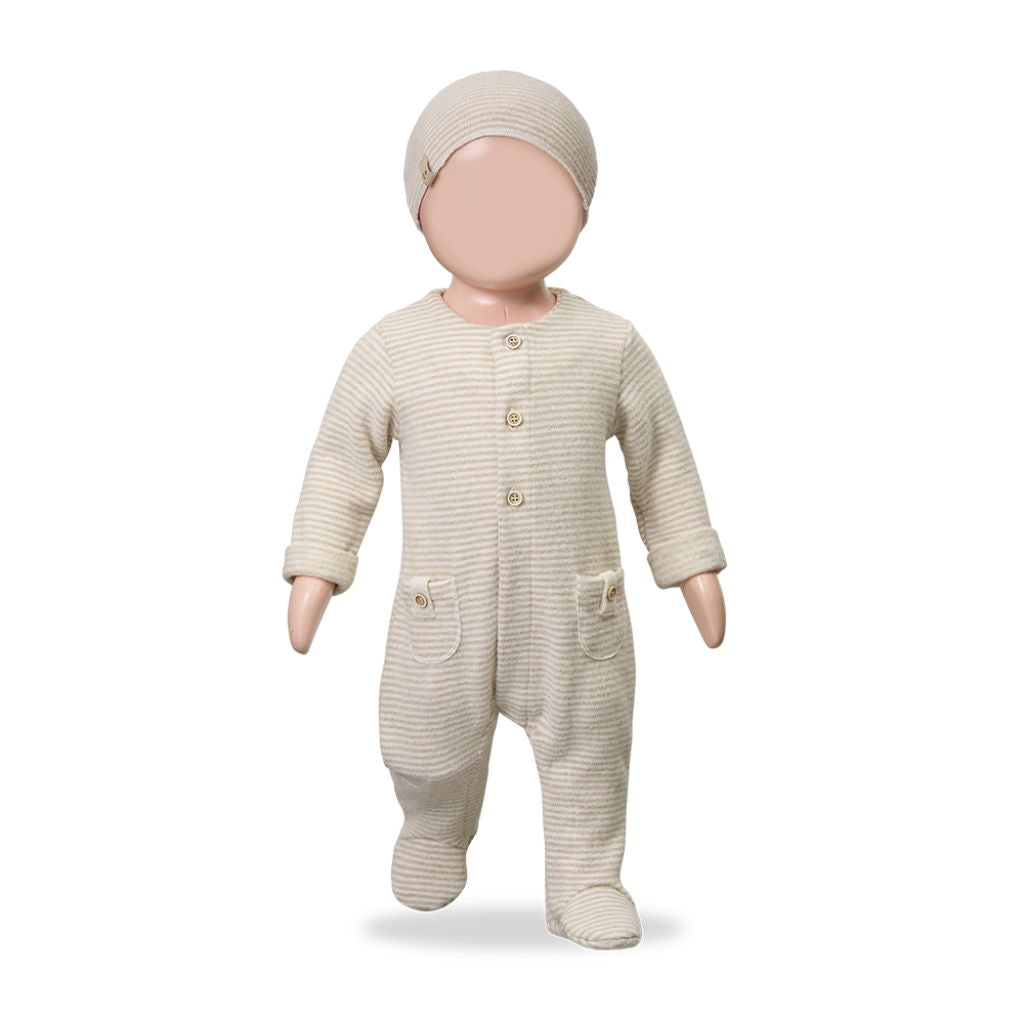 1 + in the Family METZ beige newborn footed sleeper in soft striped fleece with a button front
