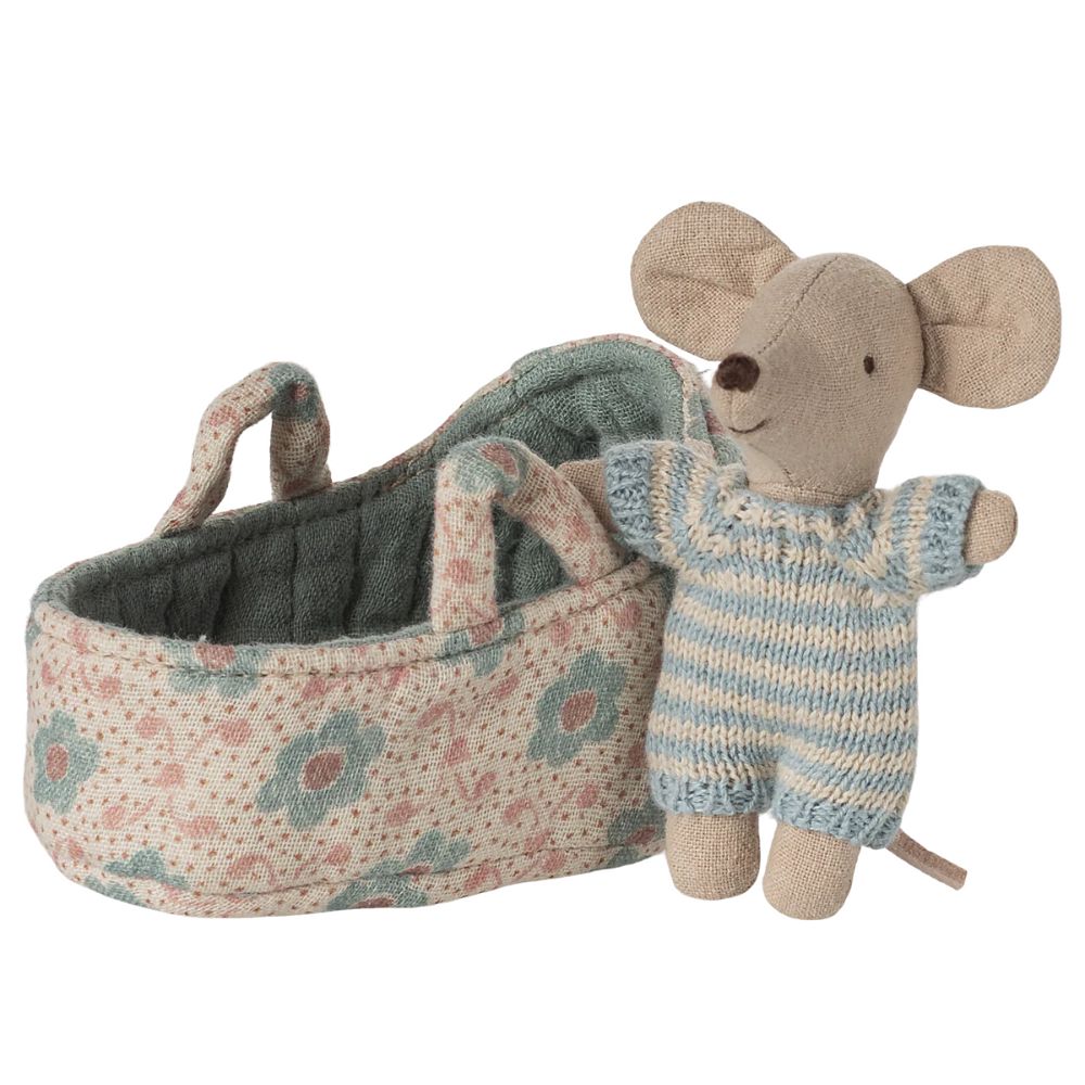 Maileg Baby mouse in Carry Cot - Blue
