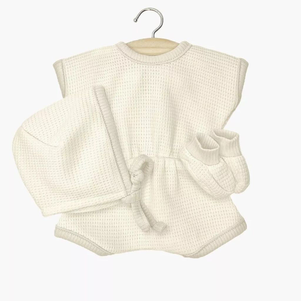 Minikane Babies Collection 28cm- Inès ecru honeycomb romper with bonnet and booties