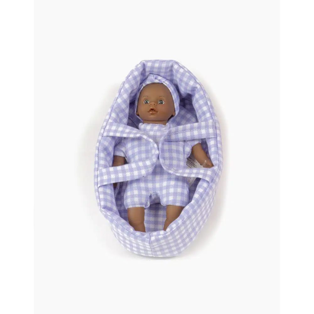 Minikane Mini Doll 17cm - Pia with light eyes and her lilac purple Vichy bassinet