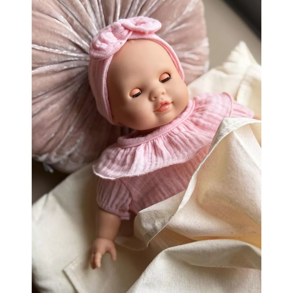 Minikane Emilie, a 36cm Cuties doll, and her Eva romper set in strawberry cotton gauze