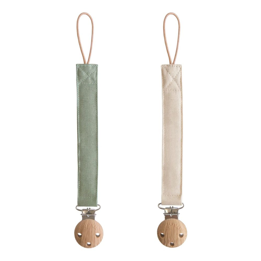 Mushie Linen Pacifier Clip 2-Pack - Olive/Shifting Sand
