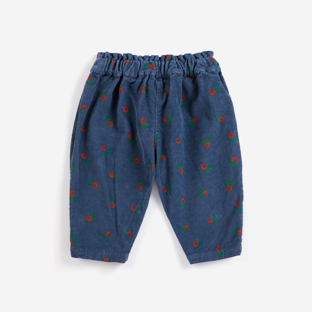 Bobo Choses Baby Stamp Bloom corduroy pants in navy organic cotton cord, stamped floral print, relaxed