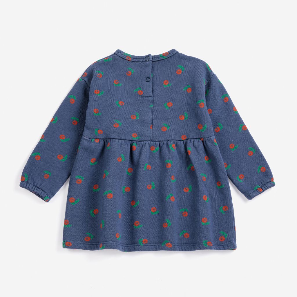 Bobo Choses Baby Stamp Bloom fleece dress in navy brushed cotton fleece, floral print, A-line shape