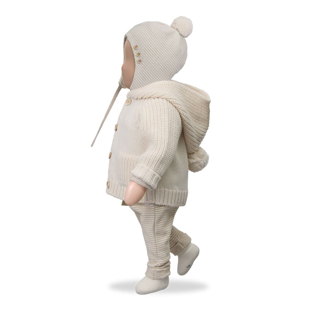 1 + in the Family BAYONNE beige newborn bonnet in soft striped fleece with chin ties and pom-pom