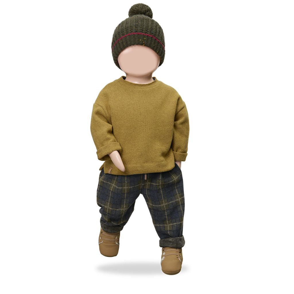 1 + in the Family OTTAWA ochre baby sweater in soft plain fleece with a contrast neckline