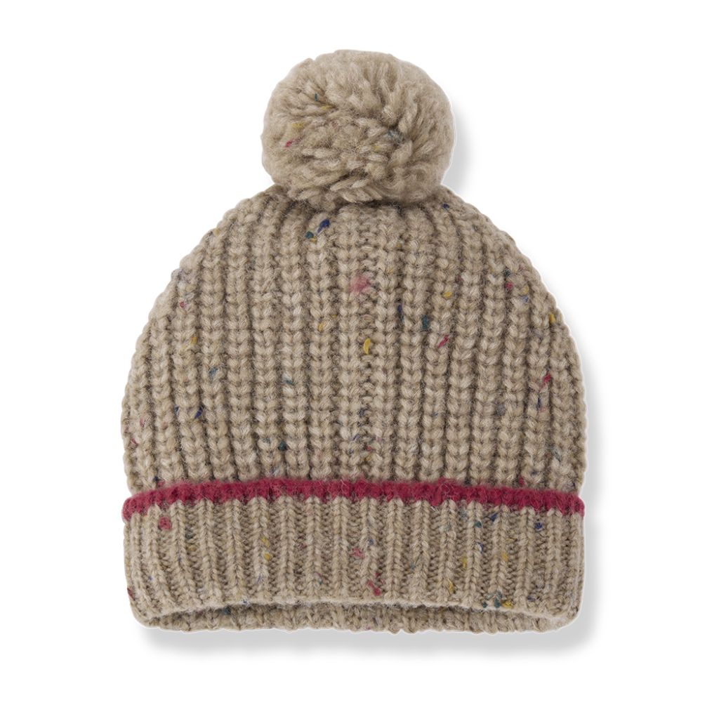 1 + in the Family LOUISE beige baby knitted beanie with a pom-pom and burgundy stripe