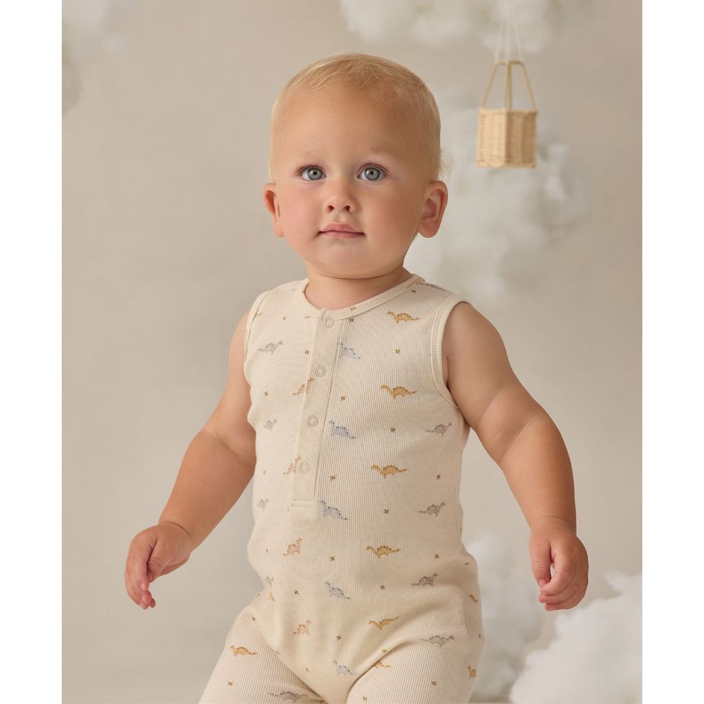 Quincy Mae Ribbed Henley Romper Dinos