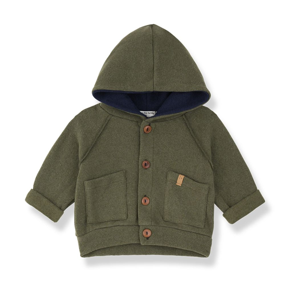 1 + in the Family EDMONTON khaki baby hooded cardigan in soft fleece with patch pockets