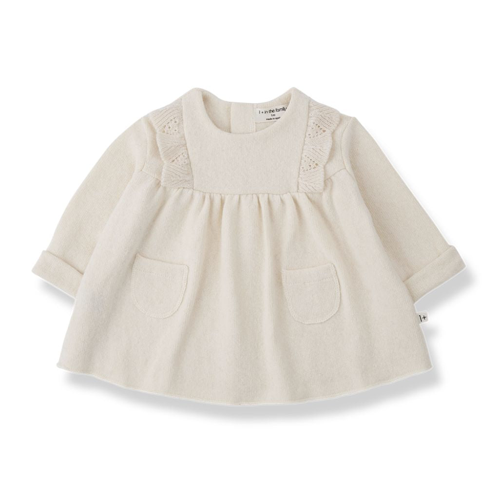 1 + in the Family TALENCE ivory newborn dress in soft capsule fleece with a flared A-line skirt