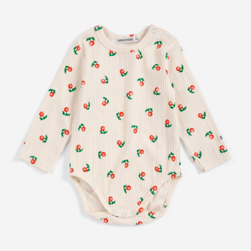 Bobo Choses Baby Stamp Bloom bodysuit in cream stretch organic cotton, floral print, snap gusset