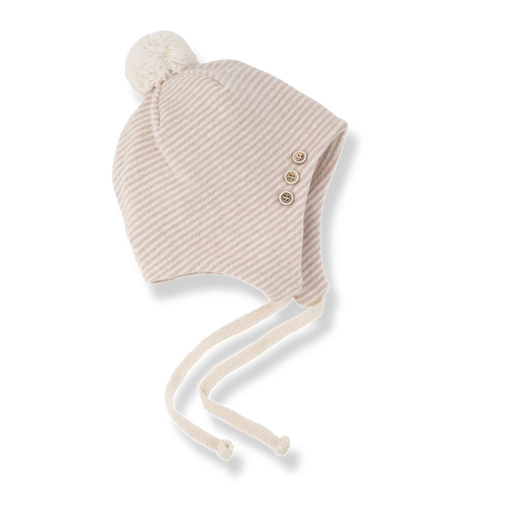 1 + in the Family BAYONNE blush newborn bonnet in soft striped fleece with a pom-pom and ties