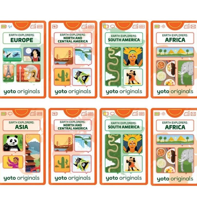 Yoto Originals Earth Explorers audio cards featuring regions like Europe, Asia, Africa, and the Americas, available at Kolkid Canada.