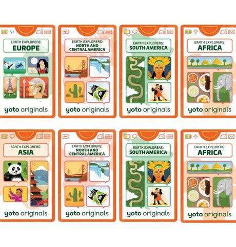 Yoto Originals Earth Explorers audio cards featuring regions like Europe, Asia, Africa, and the Americas, available at Kolkid Canada.