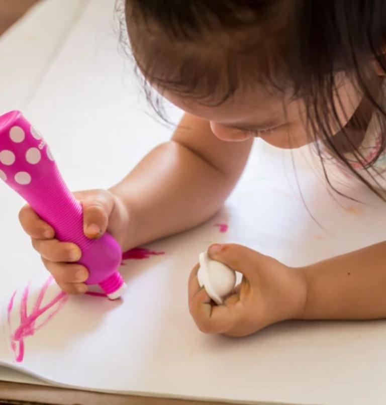Young child using Djeco Arts & Crafts - 6 Foam Markers to draw during a hands-on creative play activity, reflecting the type of open-ended toys Toronto parents are choosing over big-box options.
