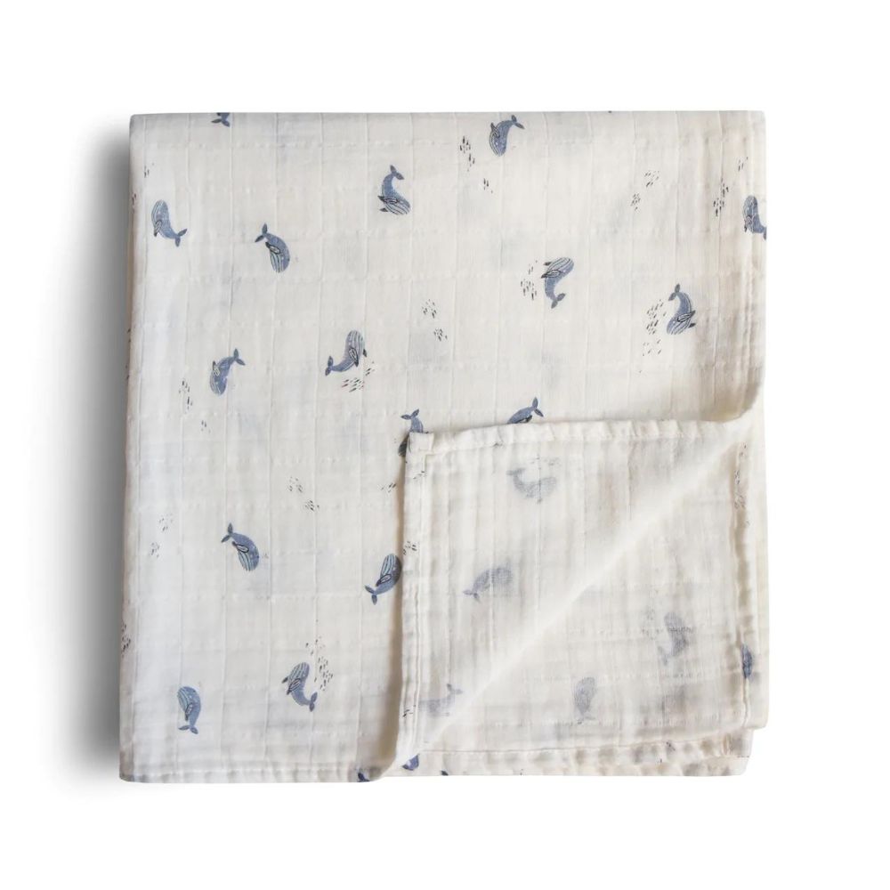 Mushie Organic Cotton Muslin Baby Swaddle - Whales