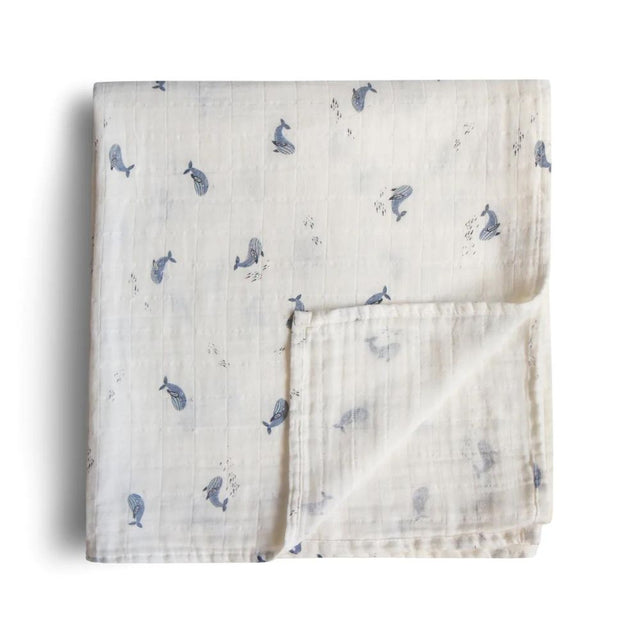 Mushie Organic Cotton Muslin Baby Swaddle - Whales