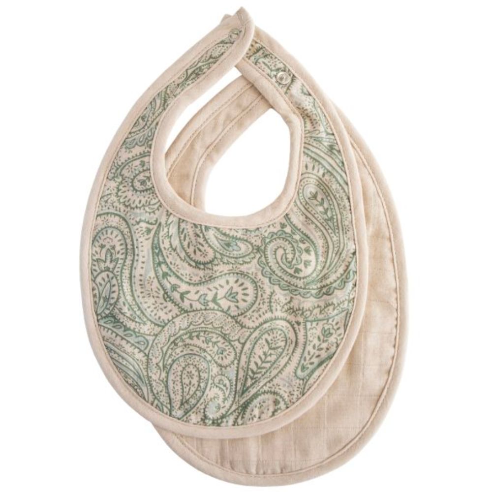 Mushie Muslin Bib 2 Pack (Green Paisley/ Fog)