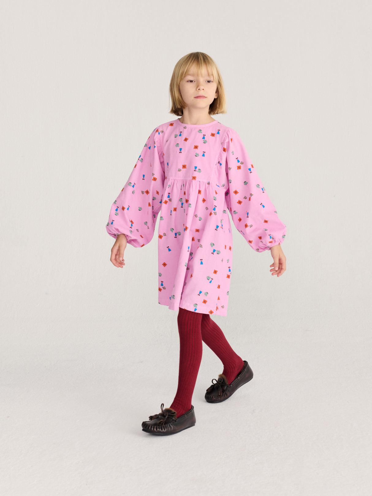 Bobo Choses Blossom woven dress in pink organic cotton, all over floral bloom print